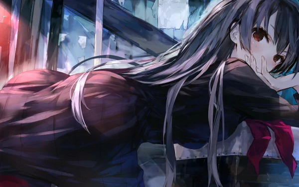 HD PC desktop wallpaper featuring Yuuko Kanoe from the anime Tasogare Otome x Amnesia, showcasing her long dark hair and red eyes in a mysterious setting.