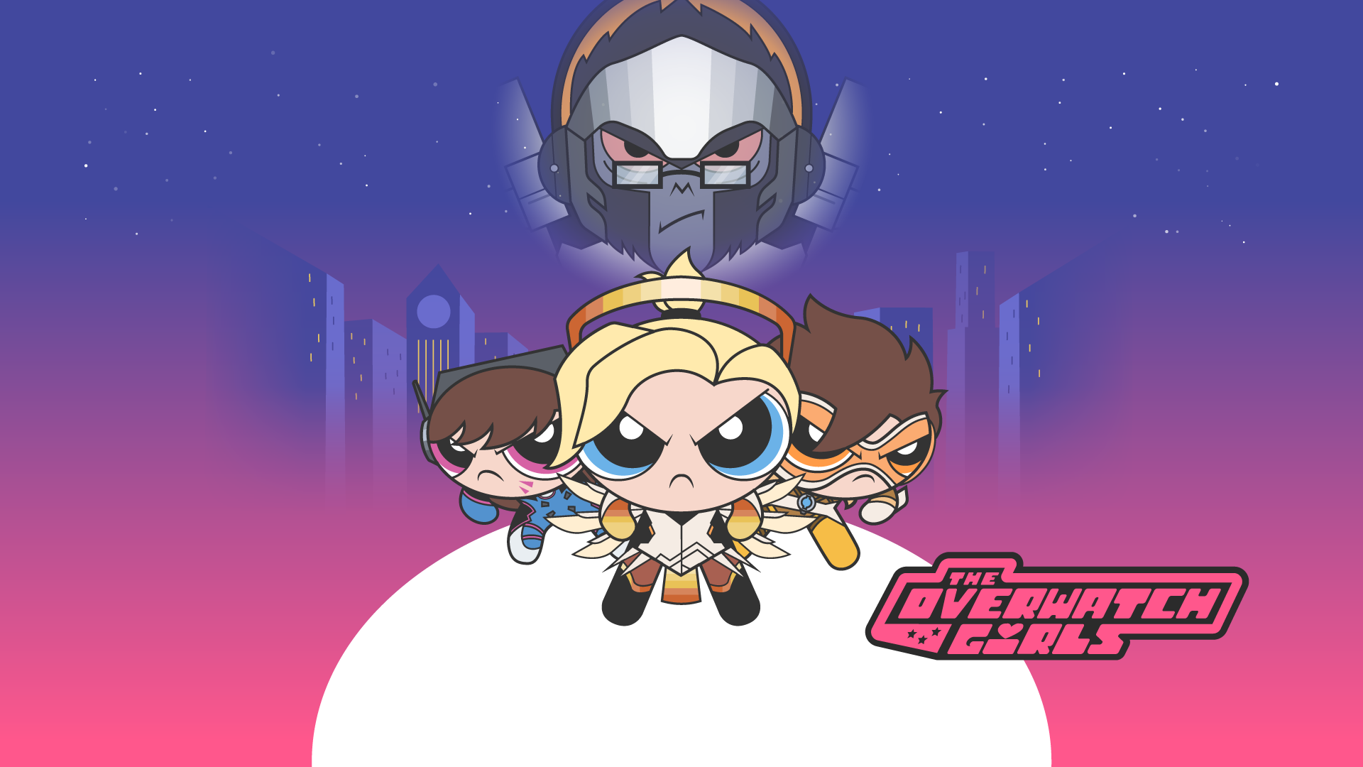 Download Winston (Overwatch) The Powerpuff Girls Overwatch Mercy (Overwatch) Tracer (Overwatch) D.Va (Overwatch) Video Game Crossover 4k Ultra HD Wallpaper by Paopee