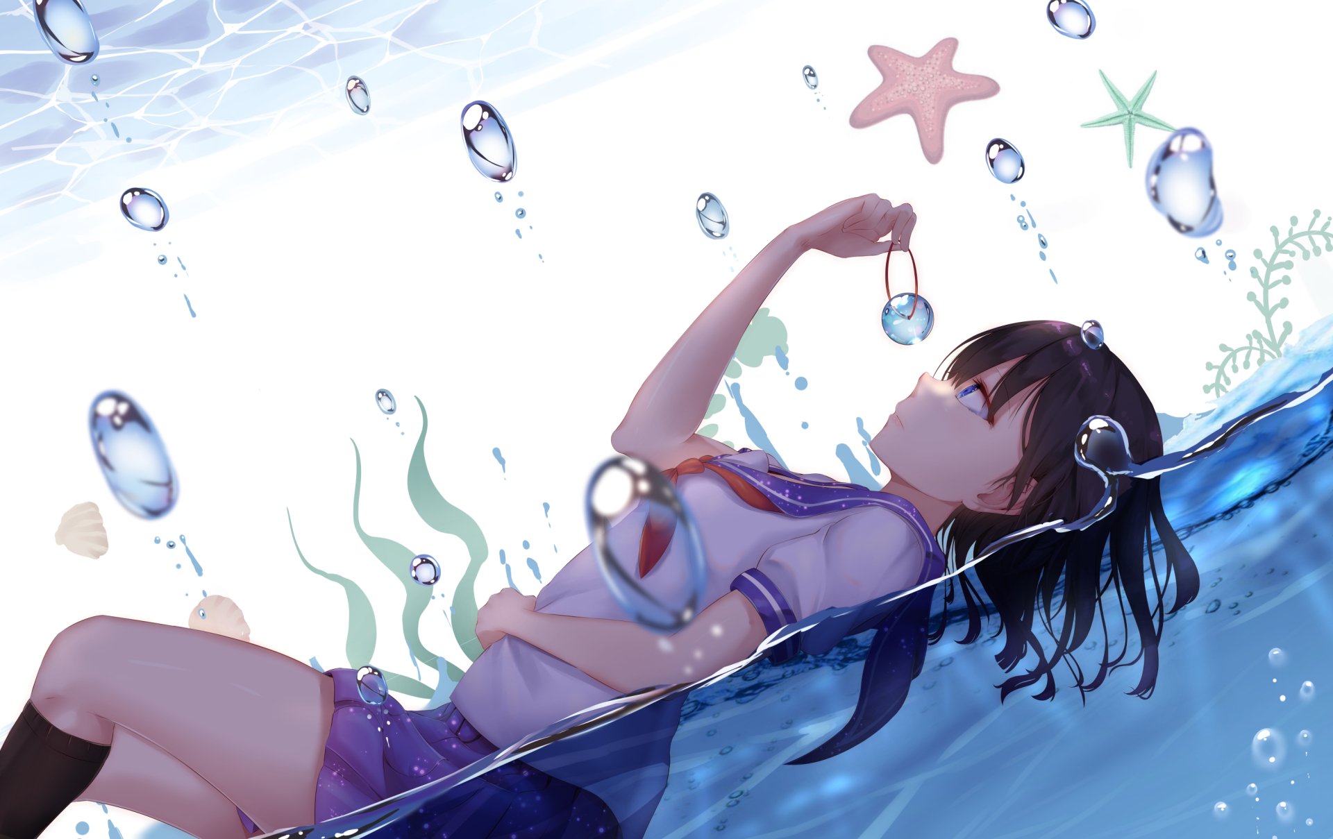 Anime original HD wallpaper featuring a girl in a school uniform immersed in water, gazing at a starfish with serene underwater elements in the background.