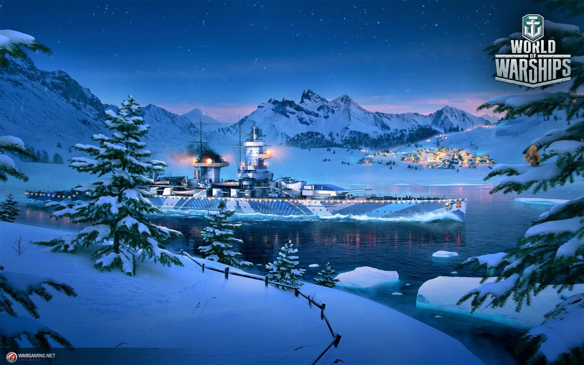 2K Quad HD PC wallpaper: snow-blanketed pines and mountains around a frozen lake, a World of Warships video game battleship anchored under a starry winter sky (Snowy Mountain).