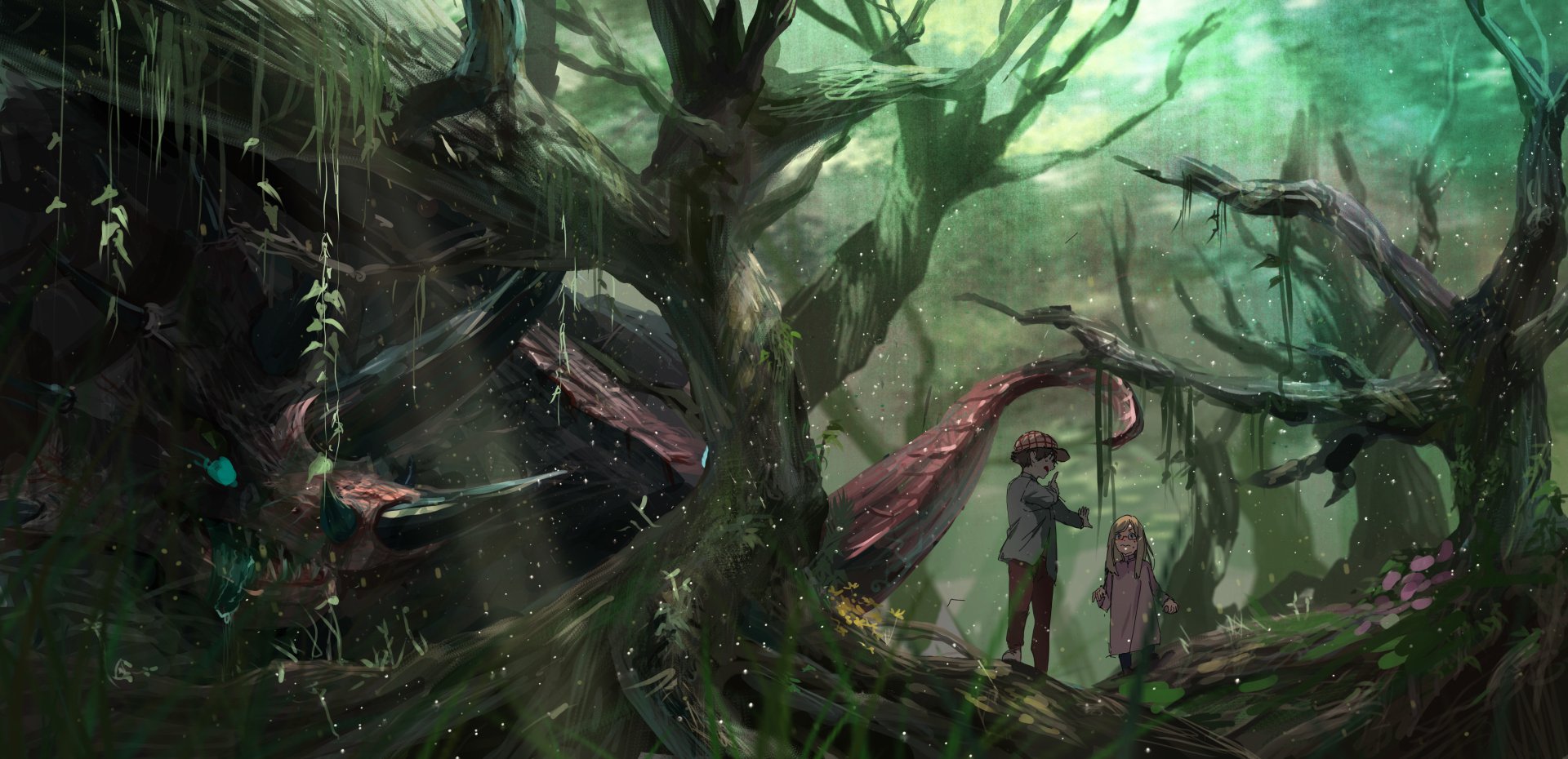 An HD desktop wallpaper featuring a fantasy scene with a blonde anime character wearing a hat, accompanied by a dragon-like creature with horns and a tail, surrounded by a mystical, dense forest.