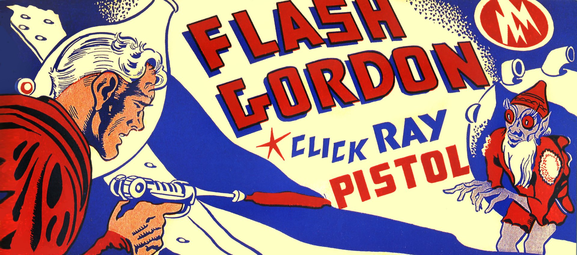 Comic Flash Gordon HD PC desktop wallpaper — vintage poster art of Flash Gordon aiming a click-ray pistol beneath bold red title text.