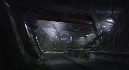 A dark, overgrown sci-fi post-apocalyptic corridor with futuristic structures and plants reclaiming the space, rendered in stunning 4K Ultra HD for PC desktop background.