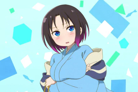 HD wallpaper of Elma from Miss Kobayashi's Dragon Maid. The anime character is shown against a geometric background featuring various shapes in blue and green hues.