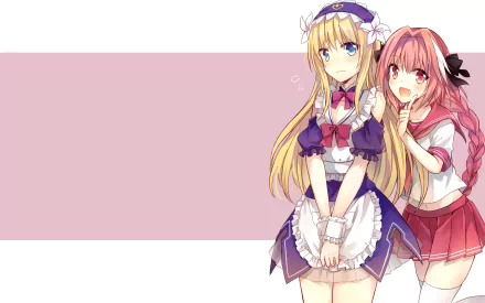 HD PC desktop wallpaper featuring anime characters Chevalier d'Eon and Astolfo from Fate/Apocrypha and Fate/Grand Order against a pink and white background.