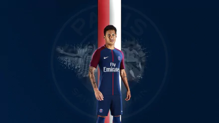 HD desktop wallpaper featuring Brazilian soccer player Neymar in a Paris Saint-Germain F.C. kit, standing confidently against a dark background with team emblems.