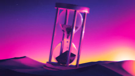 Artistic retro hourglass glowing with vibrant pink and purple hues, set against a surreal desert landscape, designed as an HD PC desktop wallpaper.
