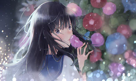 HD anime-style original artwork of a girl with long dark hair holding a pink flower, surrounded by soft glowing lights and vibrant blooms, designed as a PC desktop wallpaper.