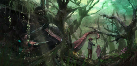 An HD desktop wallpaper featuring a fantasy scene with a blonde anime character wearing a hat, accompanied by a dragon-like creature with horns and a tail, surrounded by a mystical, dense forest.