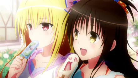 HD desktop wallpaper featuring Mikan Yuuki and Golden Darkness from the anime To Love-Ru, enjoying ice creams together in a colorful and bright outdoor setting.