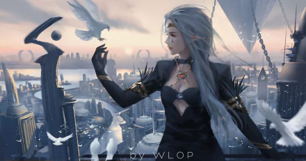 Fantasy elf with long silver hair and dark armor stands on a city rooftop in this HD Dungeon & Fighter video game wallpaper, interacting with glowing birds above the skyline.