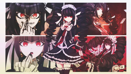 HD PC desktop wallpaper featuring multiple dynamic poses of Celestia Ludenberg from the anime Danganronpa, showcasing her gothic lolita style and red eyes.