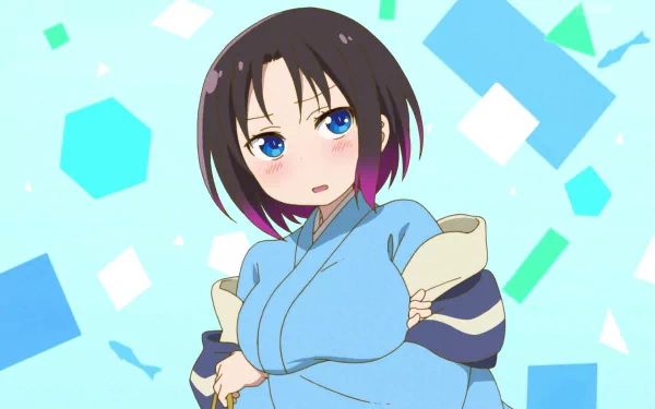 HD wallpaper of Elma from Miss Kobayashi's Dragon Maid. The anime character is shown against a geometric background featuring various shapes in blue and green hues.