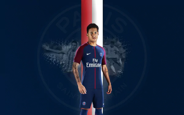 HD desktop wallpaper featuring Brazilian soccer player Neymar in a Paris Saint-Germain F.C. kit, standing confidently against a dark background with team emblems.