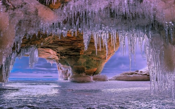 Earth Ice Frozen Cave Beach Ocean Sea Winter Stalactite HD Wallpaper | Background Image