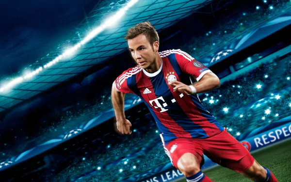 Pro Evolution Soccer 2015 4K Ultra HD PC wallpaper: video game render of a Bayern Munich forward sprinting across a brightly lit, packed stadium.