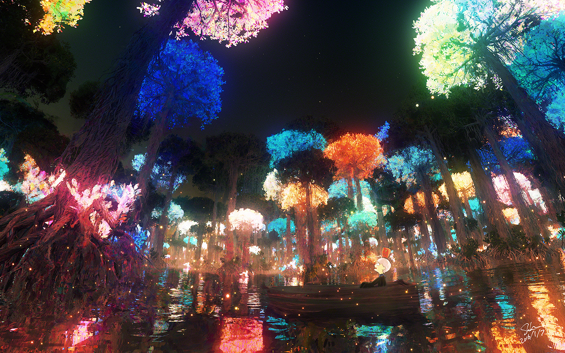 A vibrant anime-inspired scene featuring colorful, glowing trees reflected in tranquil water, serving as a captivating HD PC desktop wallpaper and background.