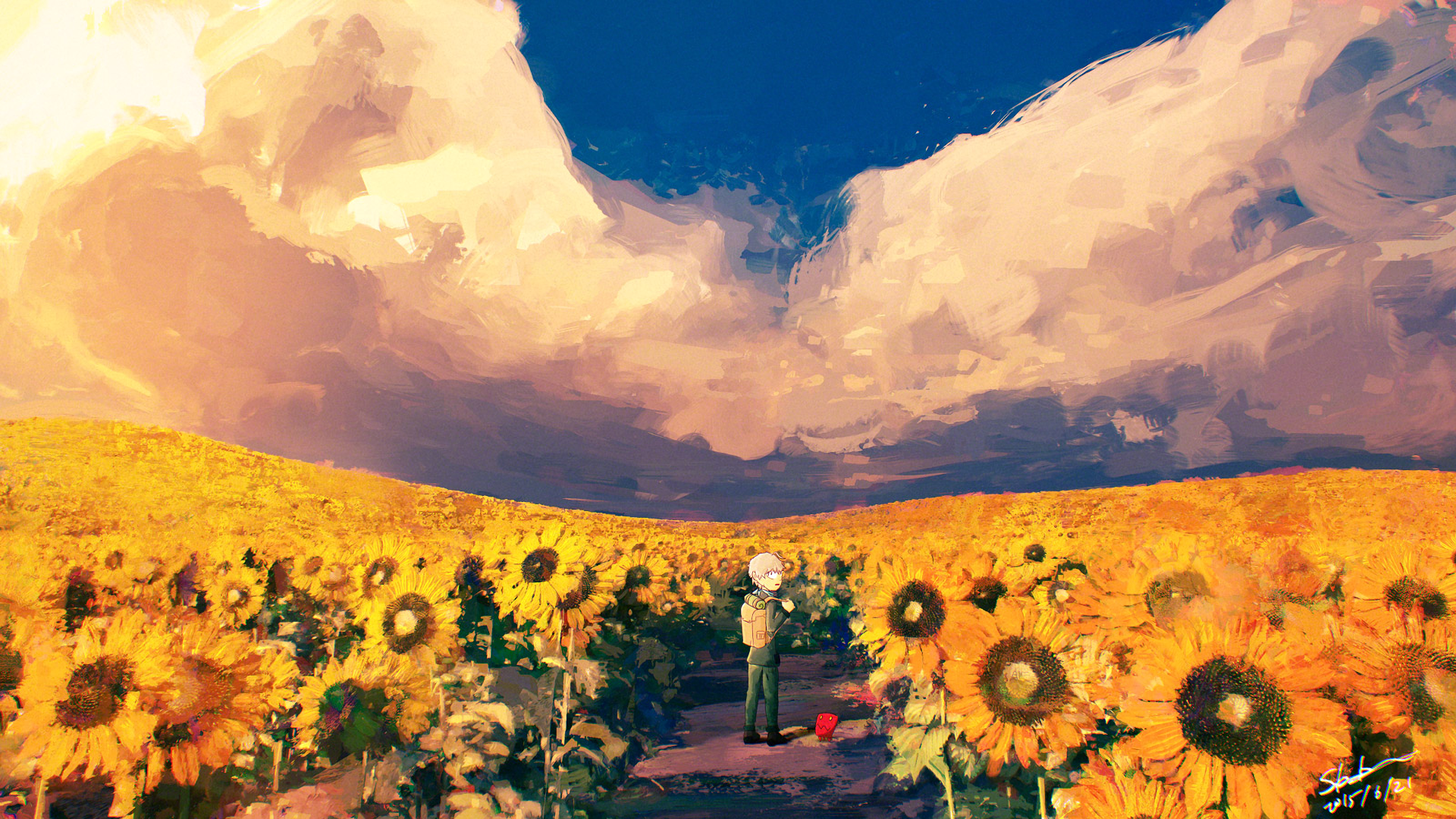 HD anime desktop wallpaper featuring an original artwork of a person standing in a vast sunflower field under a dramatic sky with large clouds.