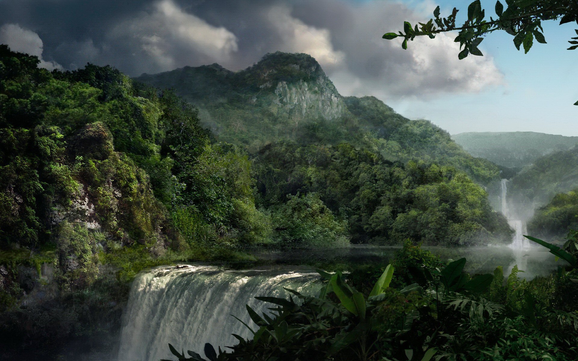 HD desktop wallpaper featuring a stunning nature scene with a majestic waterfall cascading through a lush, green forest and mountains in the background.