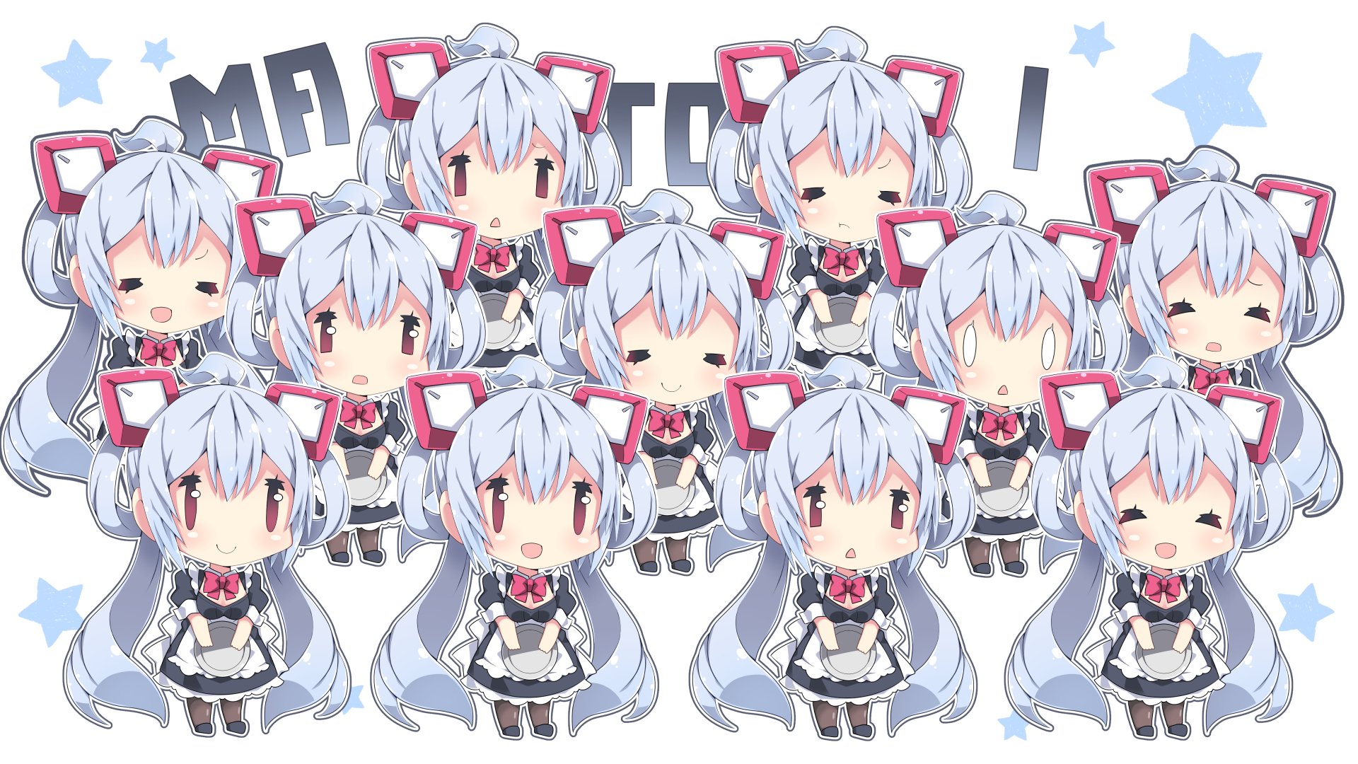 HD PC desktop wallpaper and background featuring repeating chibi avatars from the video game Phantasy Star Online 2: blue‑haired twin‑tails with cat‑ear headbands on a starry field.