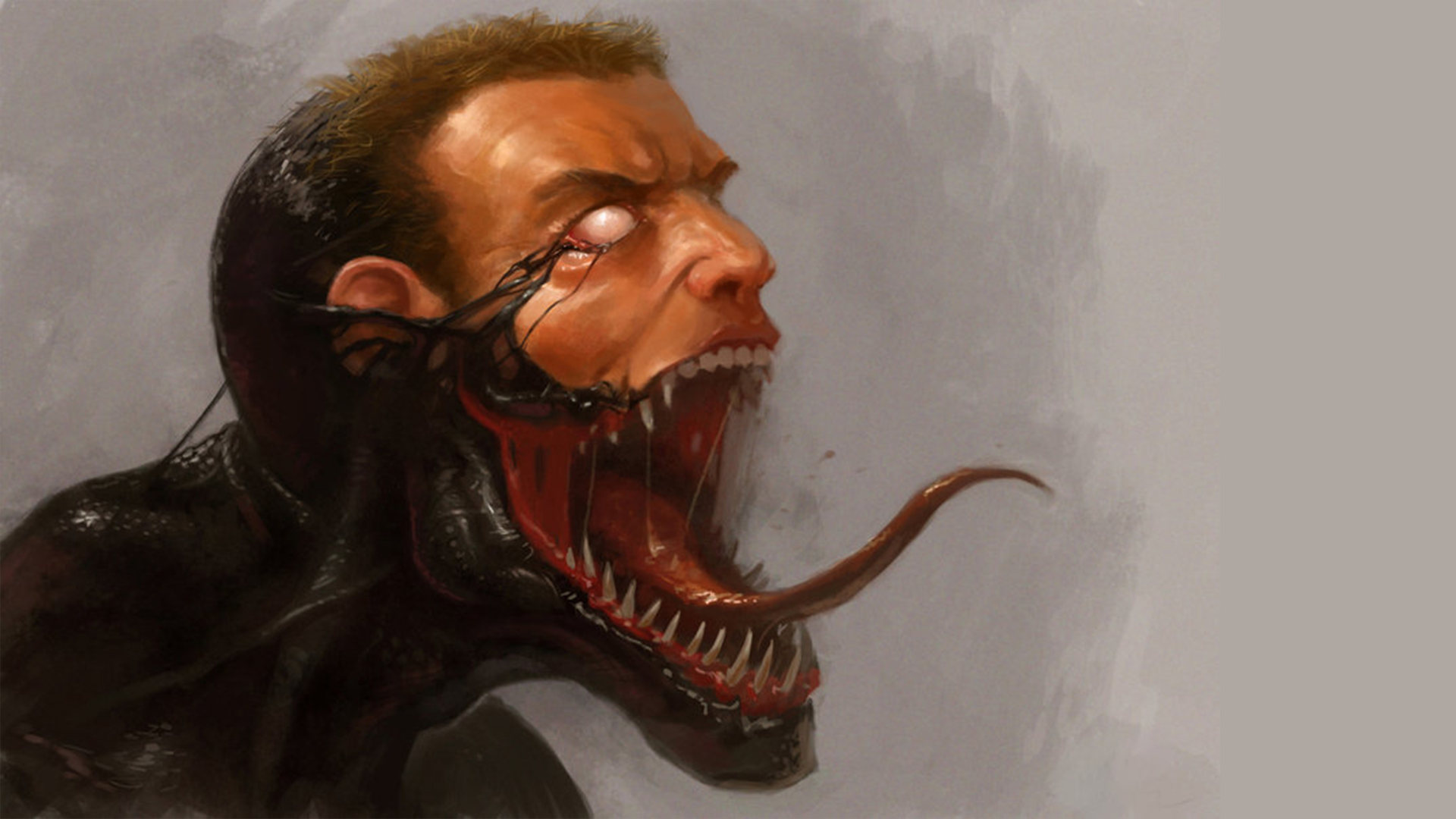 HD comic wallpaper depicting Venom partially transforming, with a menacing open mouth and extended tongue emerging from a man's face.
