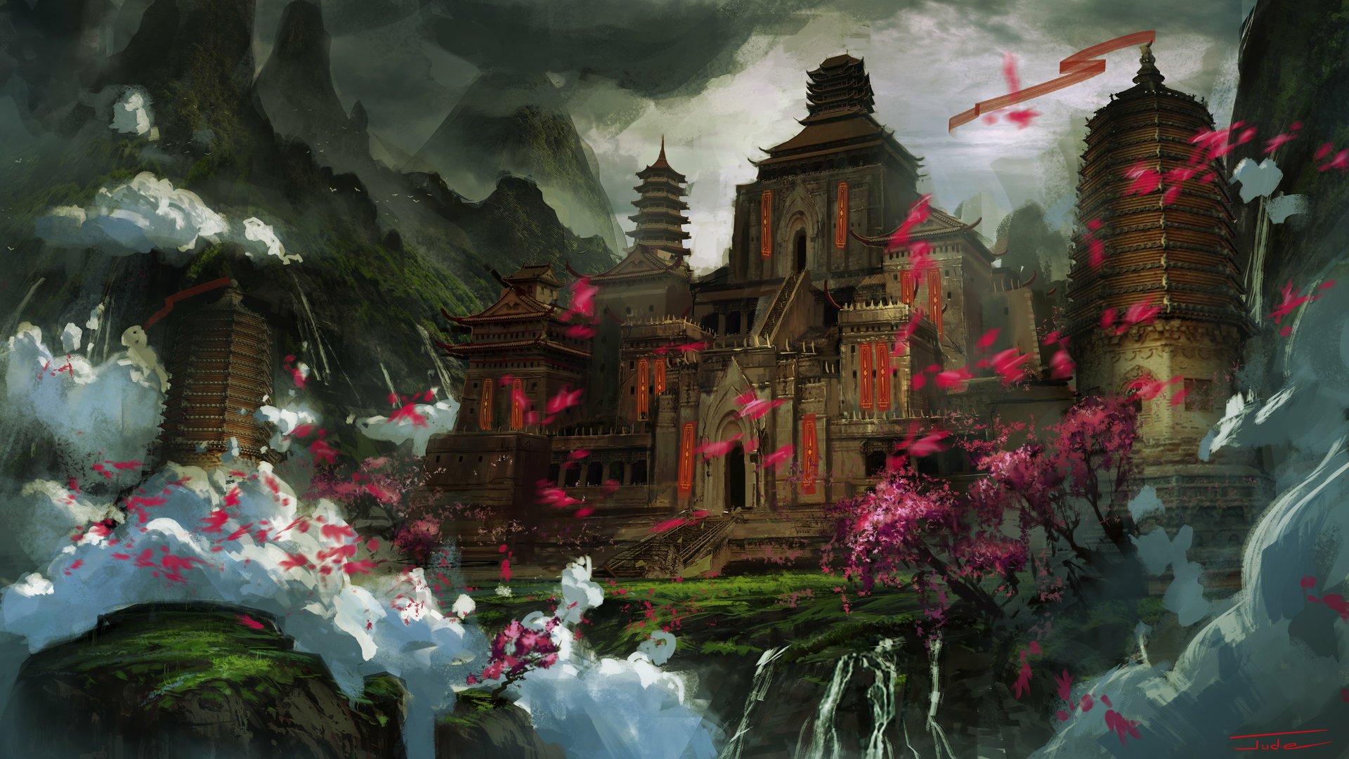 HD PC desktop wallpaper: a fantasy oriental castle and pagodas nestled among misty mountains and clouds, pink petals drifting over waterfalls.