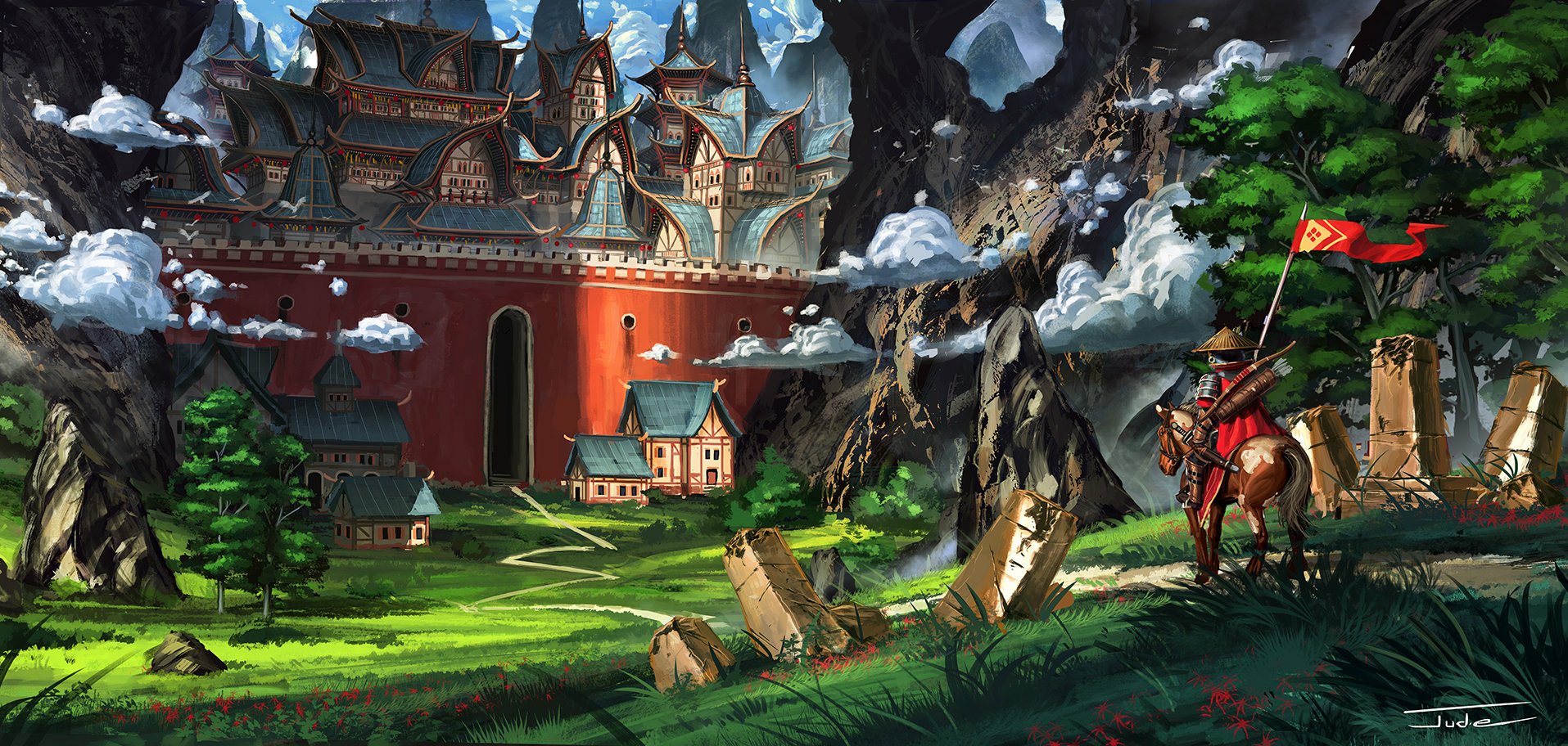 A fantasy HD desktop wallpaper featuring an oriental castle with towering walls, a samurai warrior on horseback holding a banner, set in a vibrant mountainous landscape.