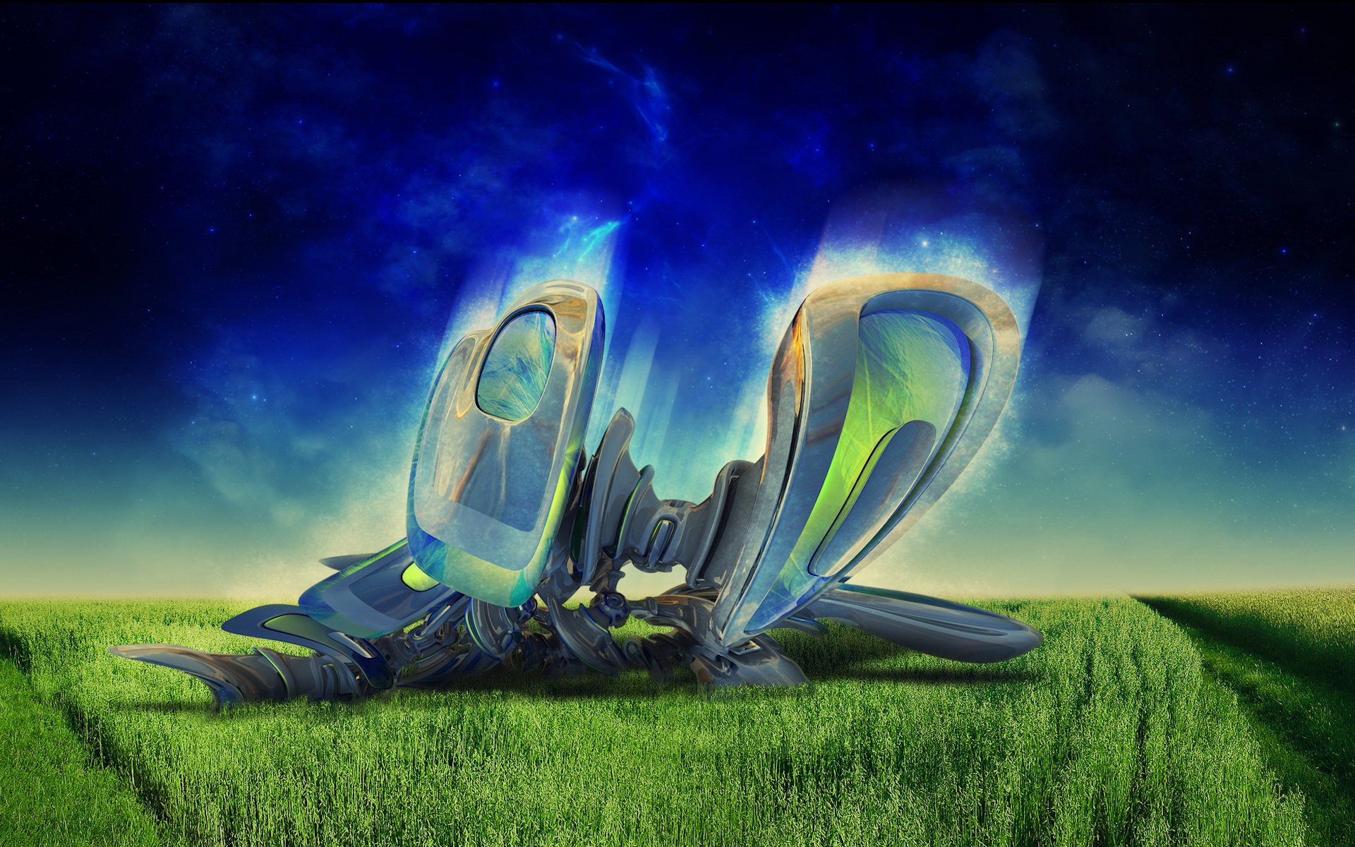 A vibrant HD wallpaper featuring an artistic, futuristic structure amid a lush green landscape under a deep blue sky, blending technology and nature seamlessly.