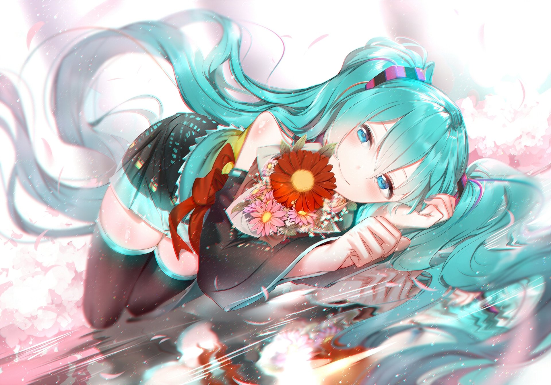 HD desktop wallpaper featuring Hatsune Miku from Anime and Vocaloid, beautifully illustrated with vibrant colors and floral themes.