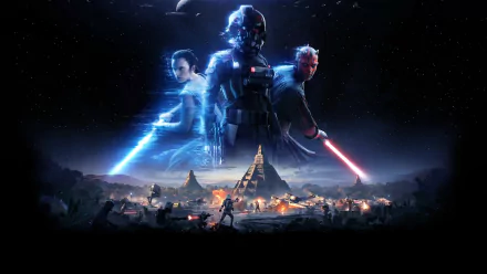 HD PC desktop wallpaper featuring Rey, Darth Maul, and an Imperial Fighter Pilot in a futuristic sci-fi Star Wars Battlefront II (2017) video game setting.