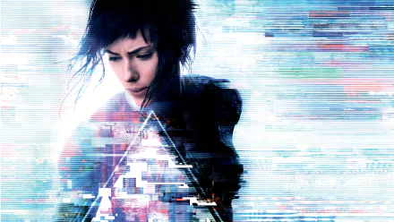 Scarlett Johansson as Major in Ghost in the Shell (2017) depicted in a glitchy, digital style 8K Ultra HD PC desktop wallpaper and background.