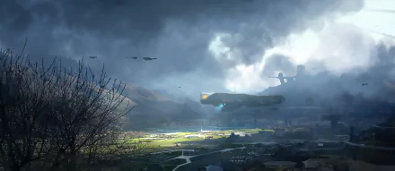 A sci-fi landscape under a cloudy sky with dark trees and futuristic aircraft hovering, captured in HD for a PC desktop wallpaper background.