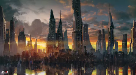 A futuristic sci-fi city skyline at sunrise with towering skyscrapers reflecting on water, captured in stunning 4K Ultra HD detail.