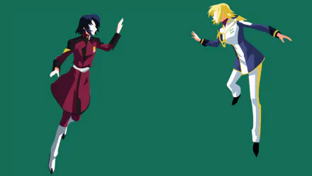 Minimalist HD PC wallpaper featuring Athrun Zala and Cagalli Yula Athha from Mobile Suit Gundam Seed Destiny alongside Shin Asuka in a clean anime-style design.