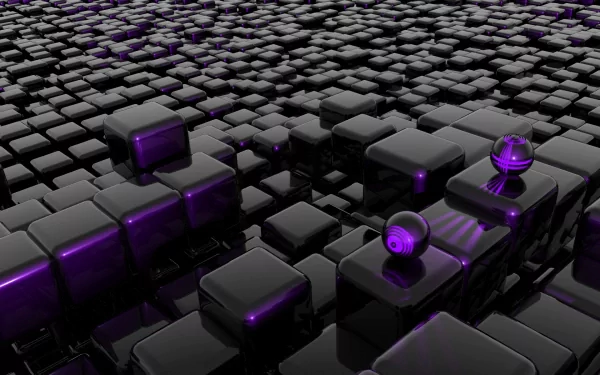 A CGI 3D abstract HD wallpaper featuring a landscape of glossy black cubes with violet highlights and spherical elements scattered atop.