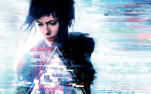 Scarlett Johansson as Major in Ghost in the Shell (2017) depicted in a glitchy, digital style 8K Ultra HD PC desktop wallpaper and background.