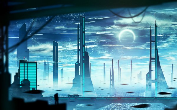 Sci Fi City Building Moon Cloud HD Wallpaper | Background Image