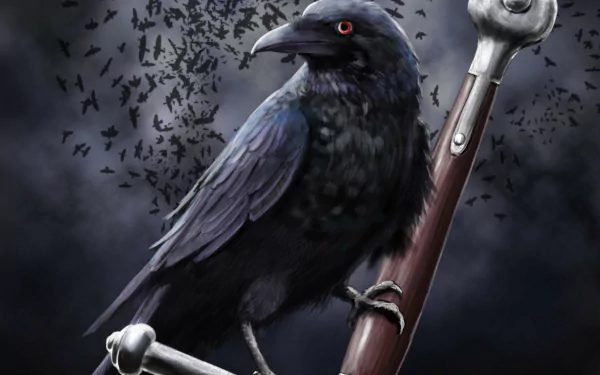 HD desktop wallpaper featuring a raven perched on a metallic staff, set against a dark, moody background with a flock of crows in the distance.