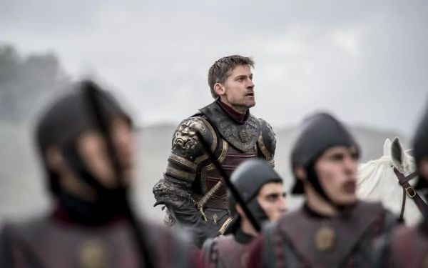 Jaime Lannister in armor on horseback surrounded by soldiers under a stormy sky — Game of Thrones 5K Ultra HD PC desktop wallpaper.