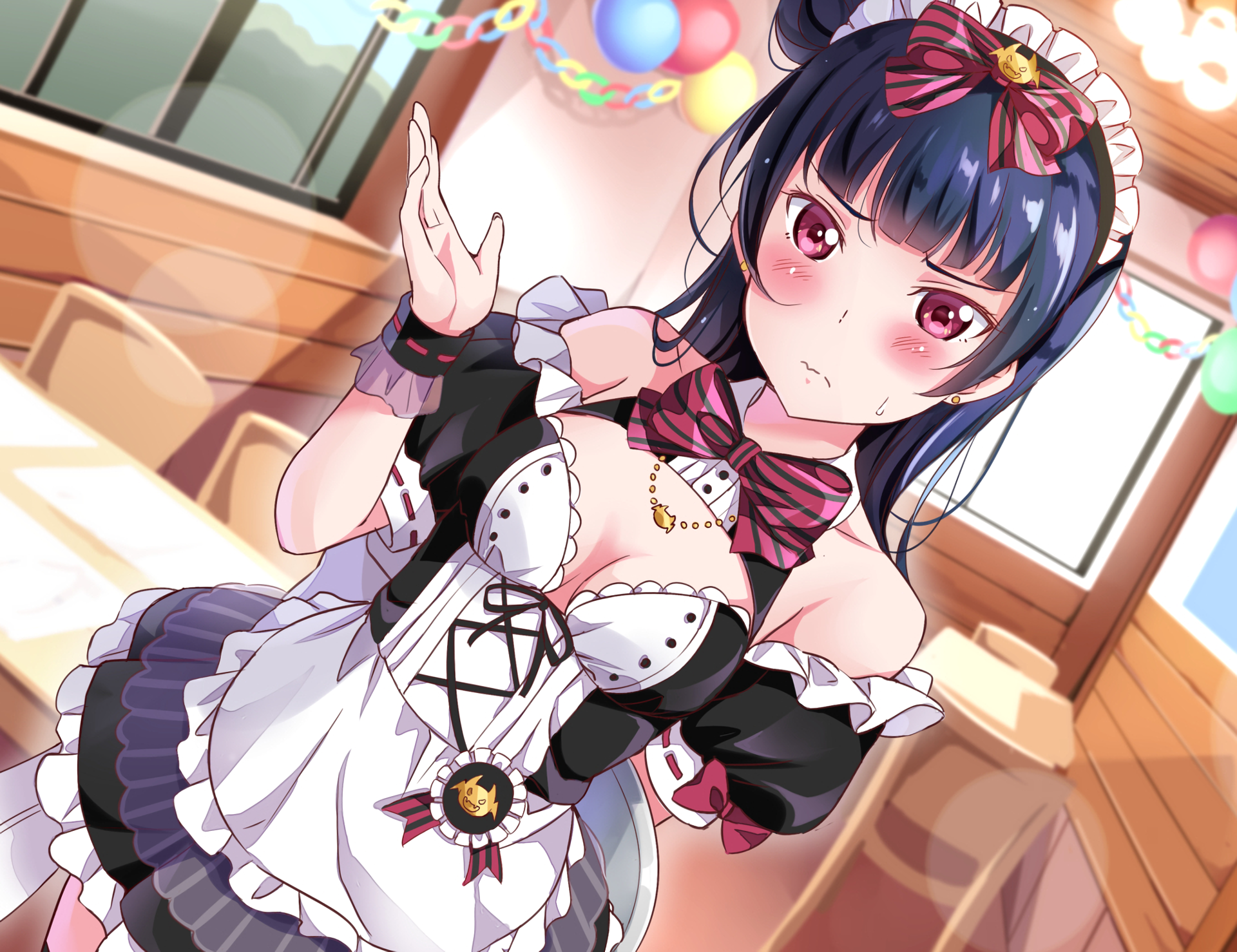 HD PC desktop wallpaper featuring Yoshiko Tsushima from the anime Love Live! Sunshine!! in a detailed maid outfit with vibrant colors and expressive eyes.