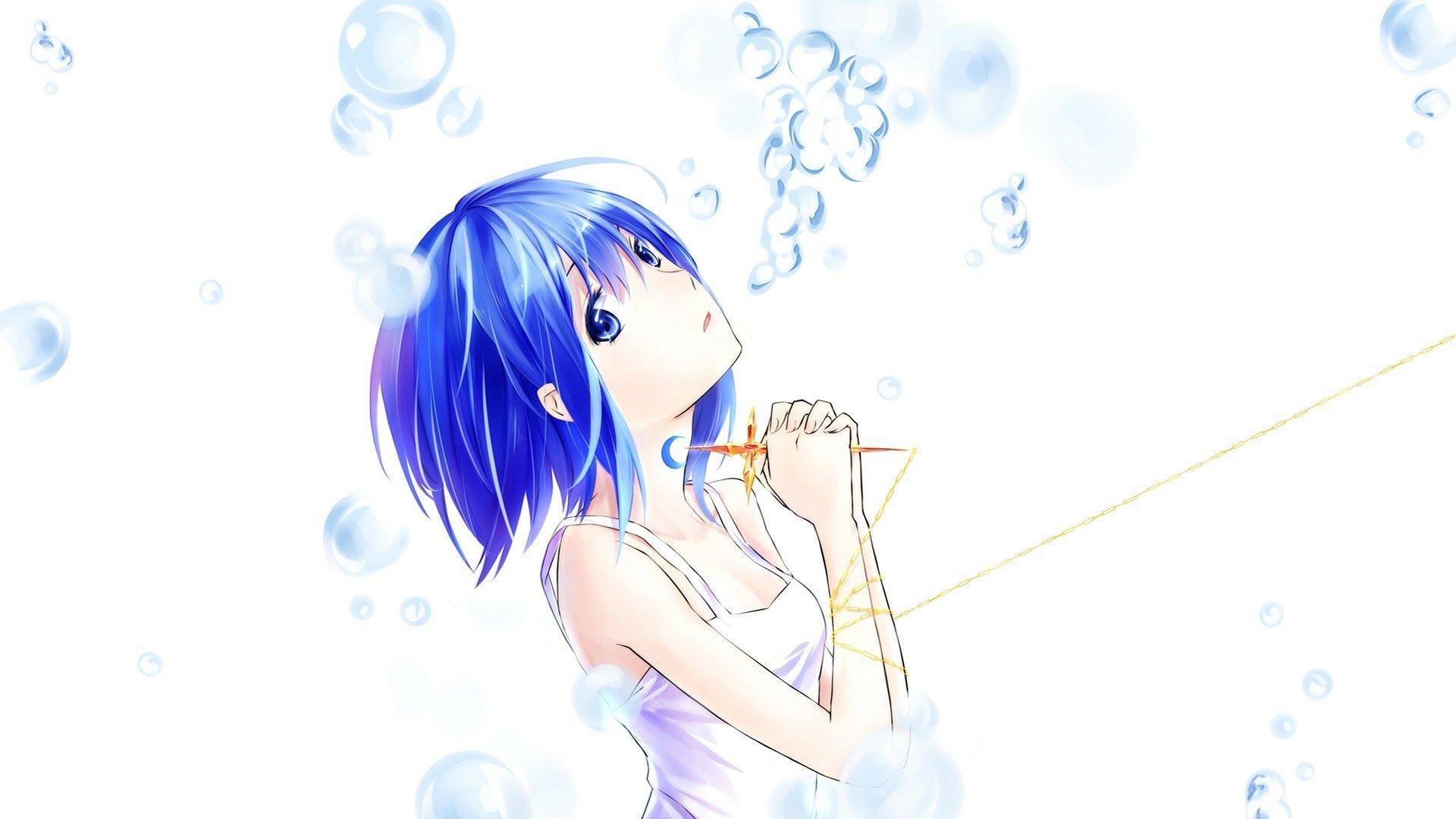 HD anime desktop wallpaper featuring Sayaka Miki from Puella Magi Madoka Magica, surrounded by translucent bubbles against a bright, minimalist background.