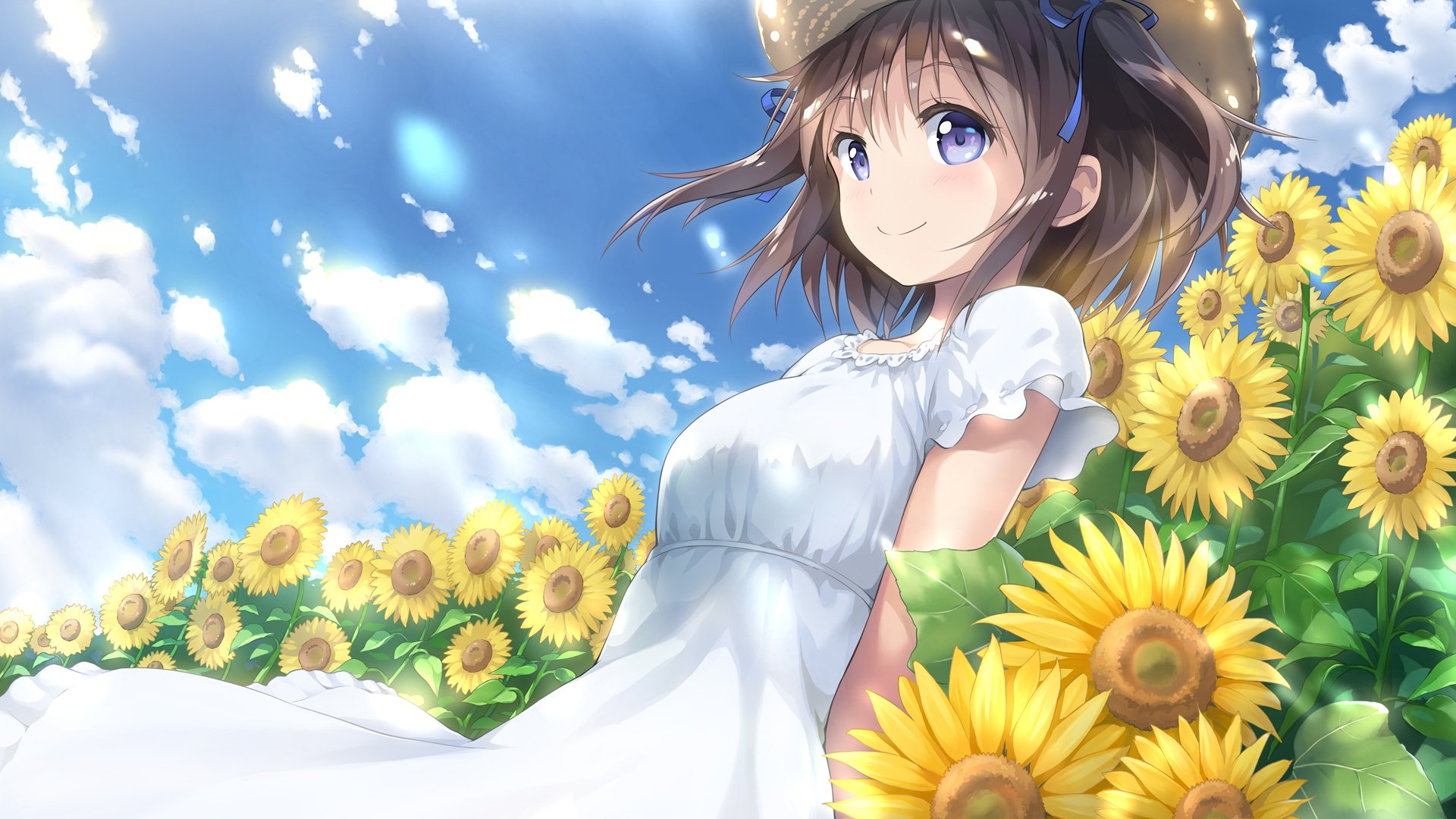 An Anime girl with short brown hair and purple eyes, wearing a white dress and a straw hat, stands among blooming sunflowers under a bright sky filled with fluffy clouds.