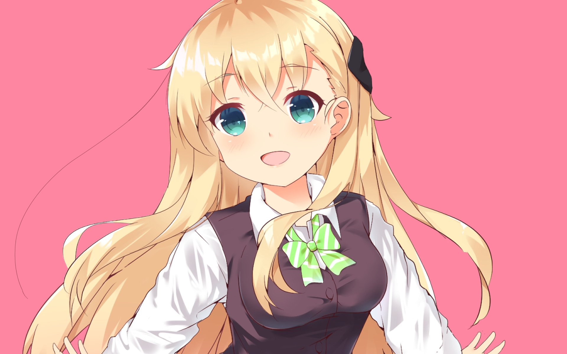 HD anime desktop wallpaper featuring Karen Tendou, a blonde-haired gamer character with blue eyes, wearing a school uniform and standing against a pink background.