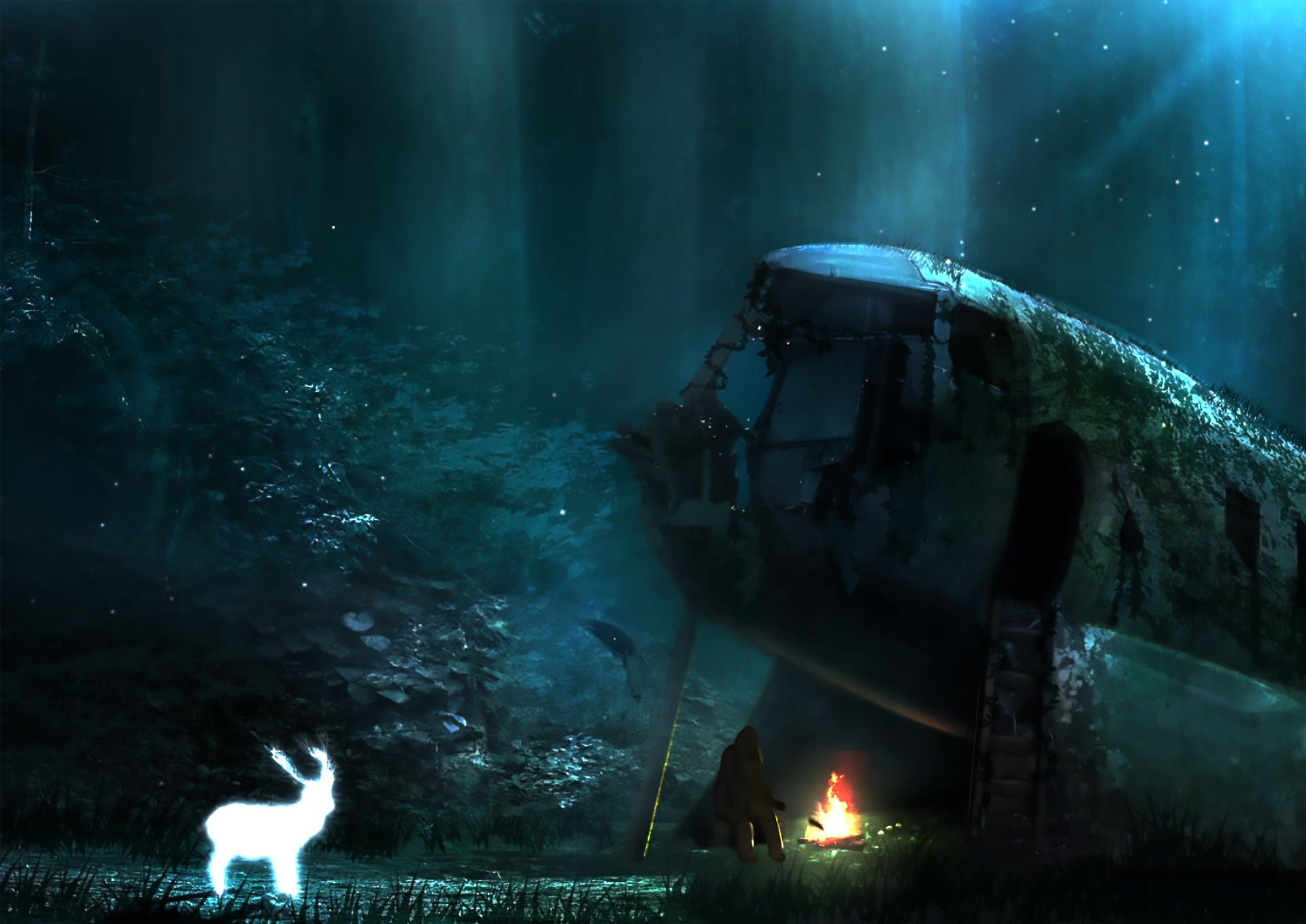 Anime-style HD desktop wallpaper of a glowing spirit deer by a campfire in a dark, mystical forest at night, capturing a serene and magical atmosphere.