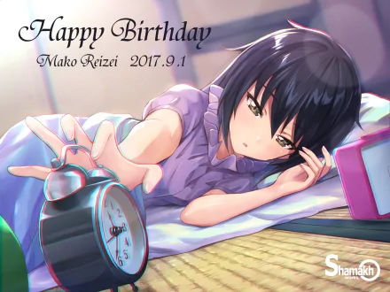 HD anime wallpaper featuring Mako Reizei from Girls und Panzer reaching to stop an alarm clock, with a soft, detailed art style and birthday text overlay.