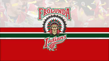 HD desktop wallpaper featuring the Frölunda HC logo, prominently displaying the Frölunda Indians emblem against a red background. Tags include hockey, Frölunda Indians, Frölunda HC, and sports.