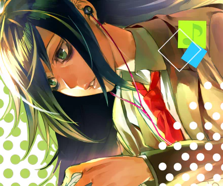 A vibrant HD wallpaper featuring Tomoko Kuroki from the anime Watamote, showcasing her with headphones and striking a contemplative pose against a colorful background.