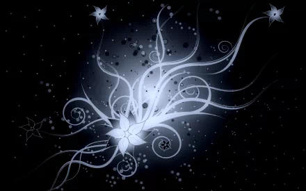 Abstract black and white design featuring swirling lines and floral elements against a dark background, creating a captivating HD desktop wallpaper.