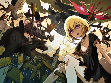 HD PC desktop wallpaper — original anime: blonde, red‑eyed wizard in a frilled black dress, broom and winged creatures swoop over moonlit rooftops.