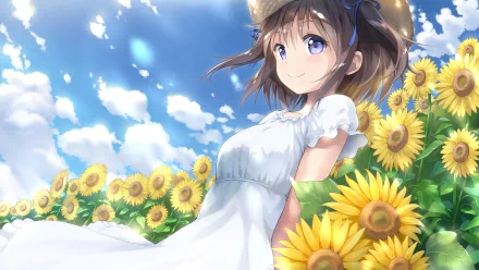 An Anime girl with short brown hair and purple eyes, wearing a white dress and a straw hat, stands among blooming sunflowers under a bright sky filled with fluffy clouds.
